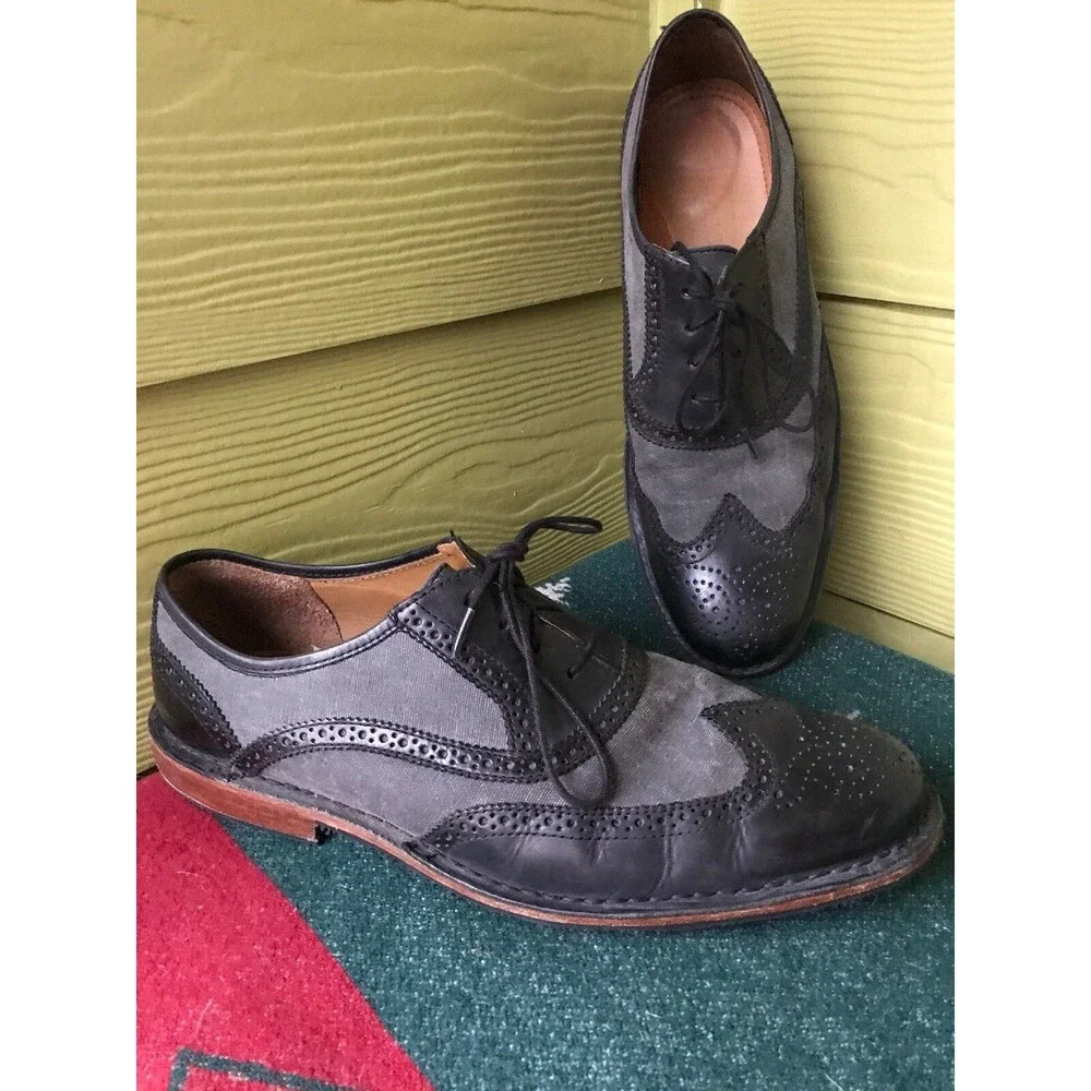 Sebago Black Gray Wing Tip Dress Shoes Canvas Leather 11.5 M